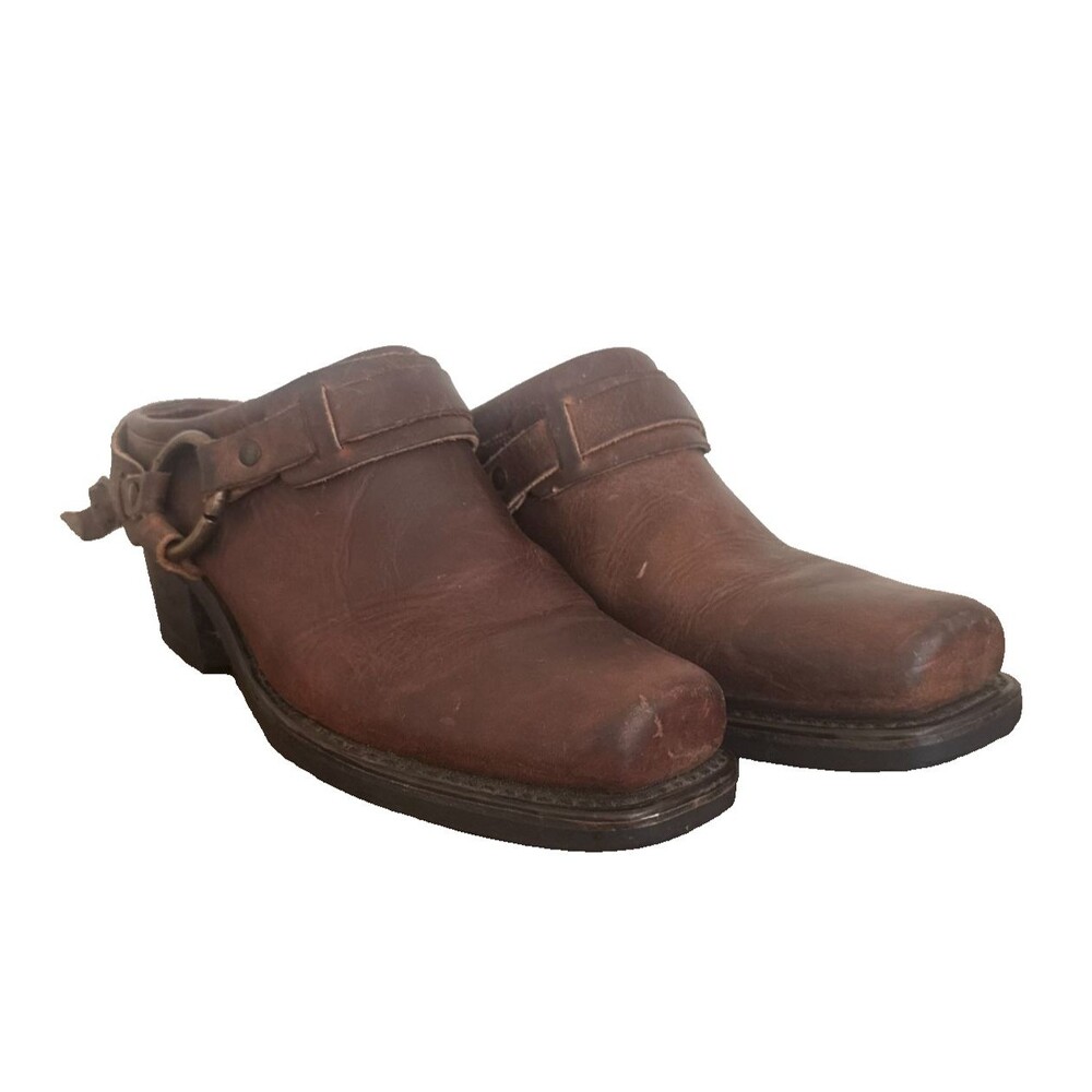 Frye Made in USA Brown Leather Motorcycle Harness Mule Clogs Womens 8.5 M
